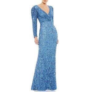 Mac Duggal Blue Long Sleeve Sequin Gown